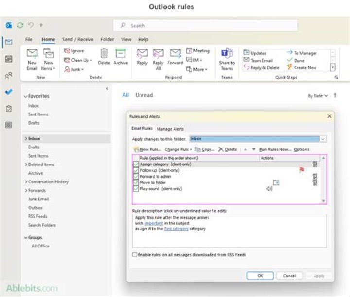 How do I create a rule in Outlook folder?